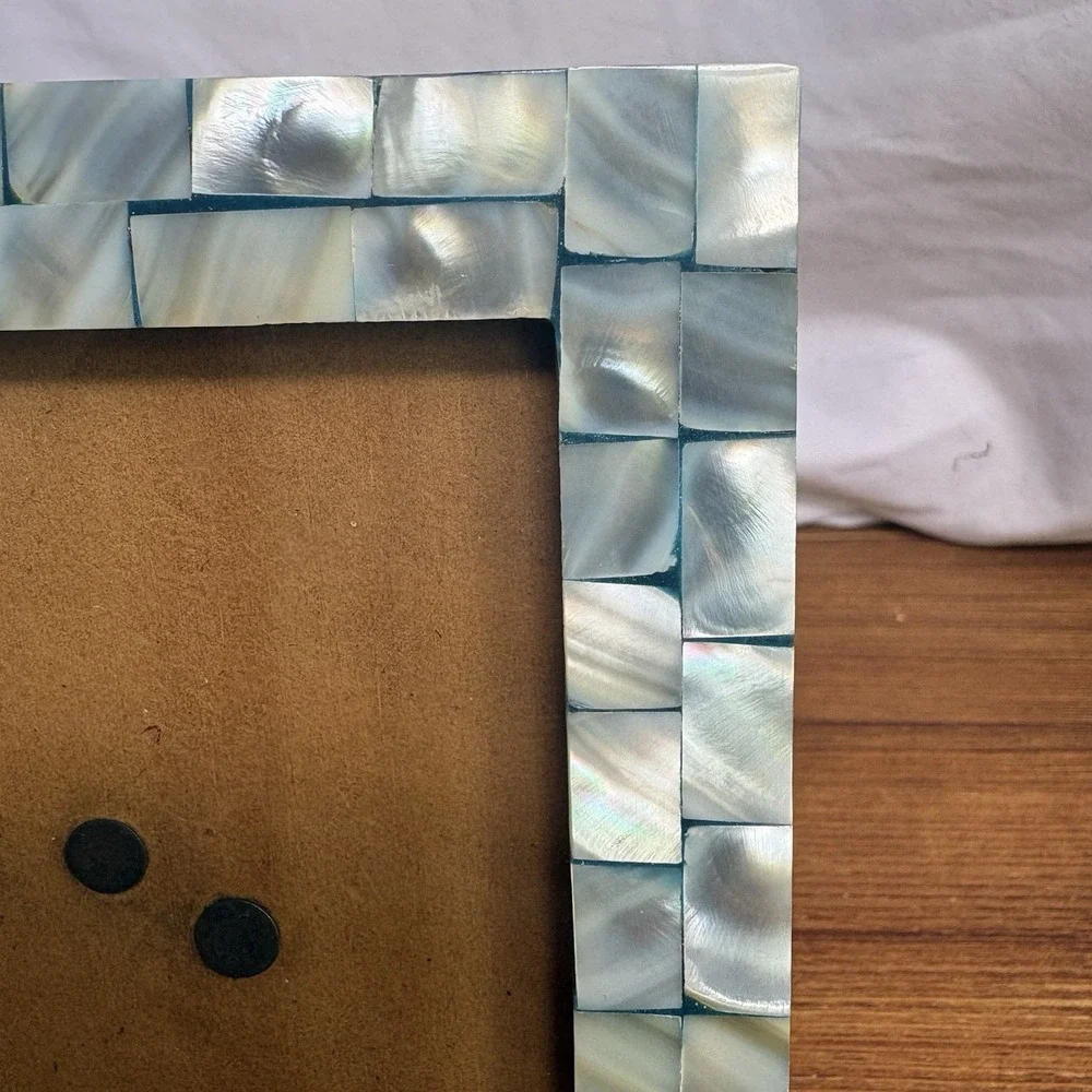 Iridescent Mosaic Shell Picture Frame Blue Trim Coastal Beach House Decor